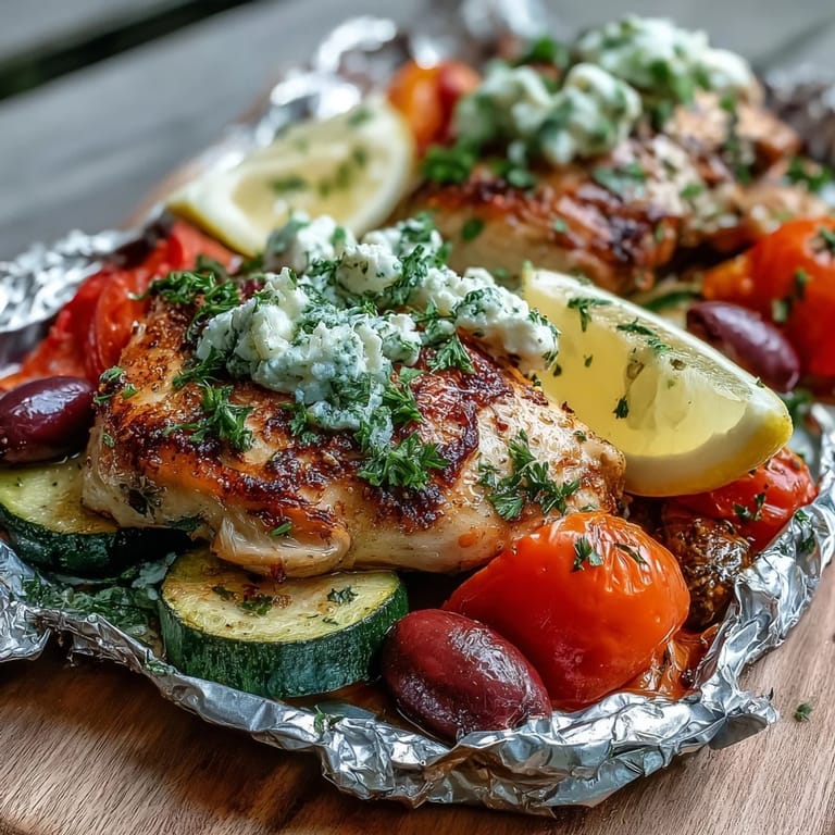 Griechische Hähnchen- und Gemüsefolienpakete mit Zitrone und Oregano auf einem Backblech serviert, perfekt für einfache Abendessen.