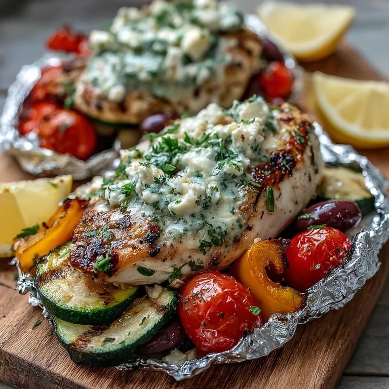 Saftiges griechisches Hähnchen- und Gemüsefolienpaket mit Zitrone und Oregano, frisch aus dem Ofen mit Zitronenscheiben garniert.