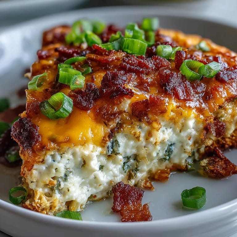 Portion Keto Jalapeño Popper Chicken Casserole mit Blumenkohlreis auf Teller mit frischen Jalapeños und grünen Zwiebeln garniert.