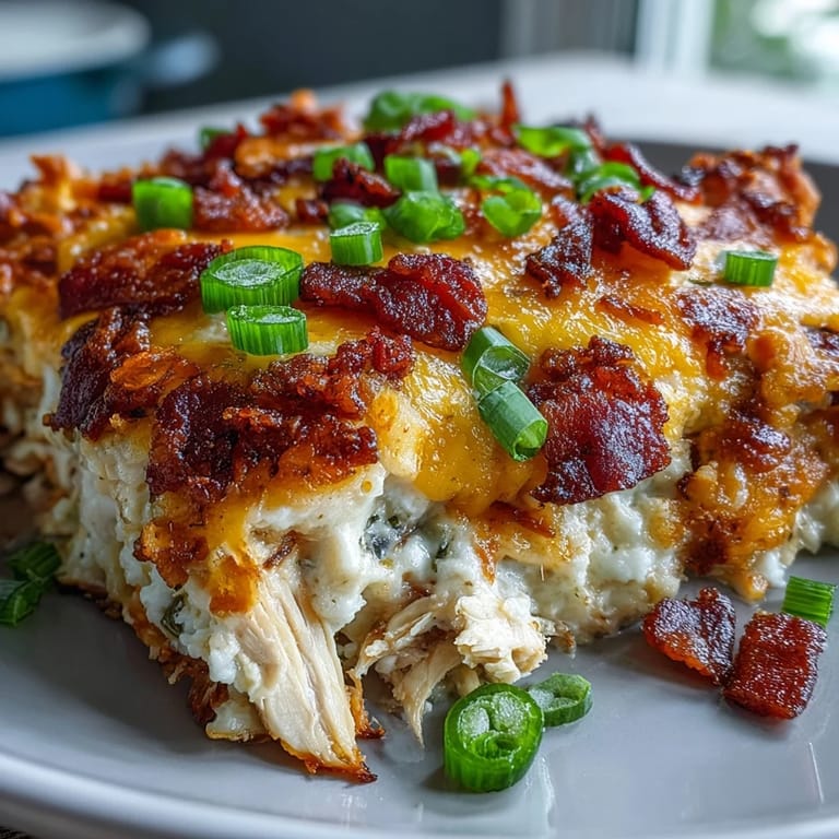 Cremiges Keto Jalapeño Popper Chicken Casserole mit Blumenkohlreis aus Auflaufform, goldbraun gebacken und dampfend serviert.