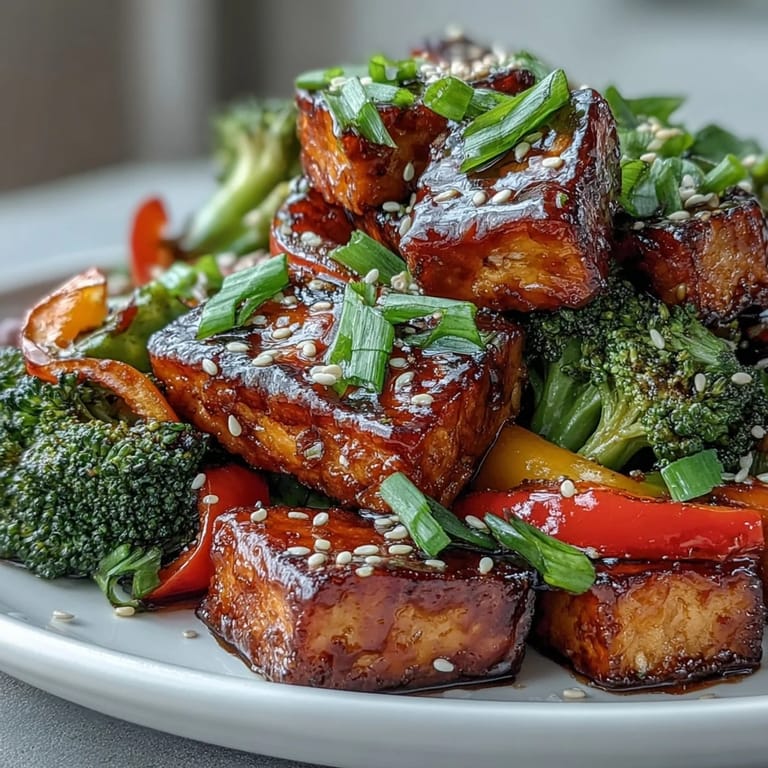 Saftiges Vegan Teriyaki Tofu Sheet Pan Stir-Fry mit Brokkoli und Paprika auf Reis gegessen.