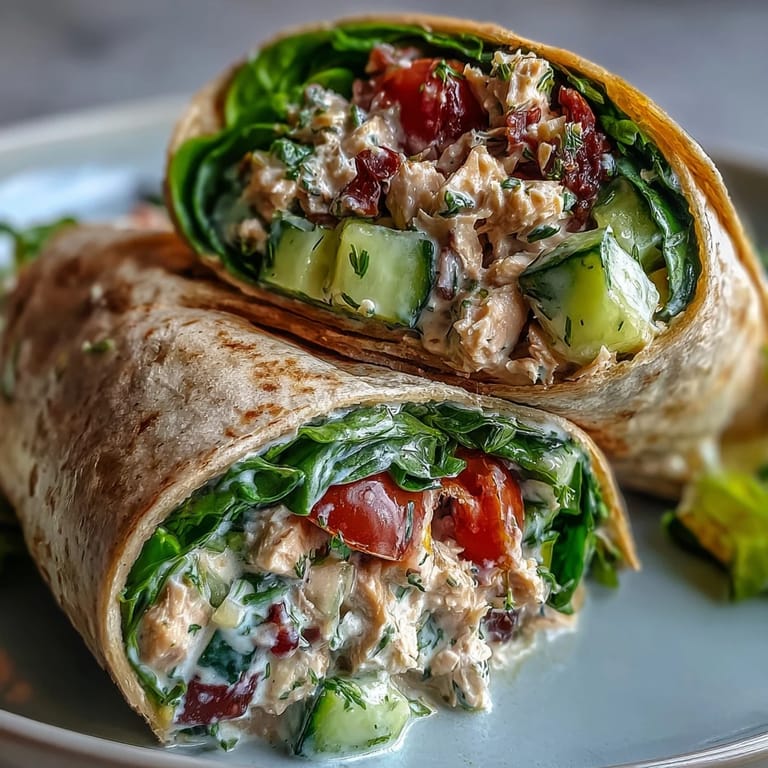 Two 10-Minute Tuna and White Bean No-Mayo Salad Wraps cut on a board, zesty lemon dressing, ready for a quick Mediterranean-inspired lunch.