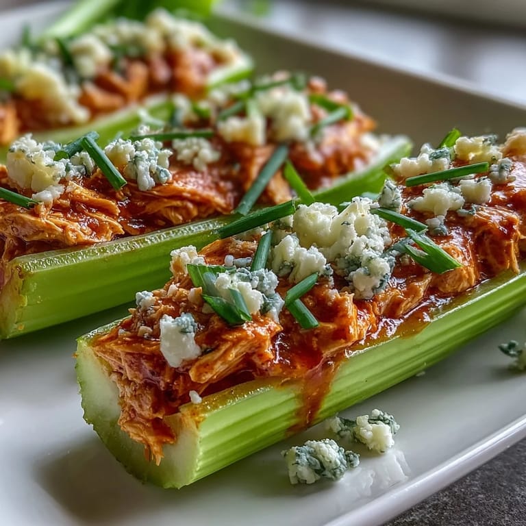 Fresh celery sticks overflowing with warm buffalo chicken mixture, garnished with chives, for Keto Buffalo Chicken Stuffed Celery Boats.