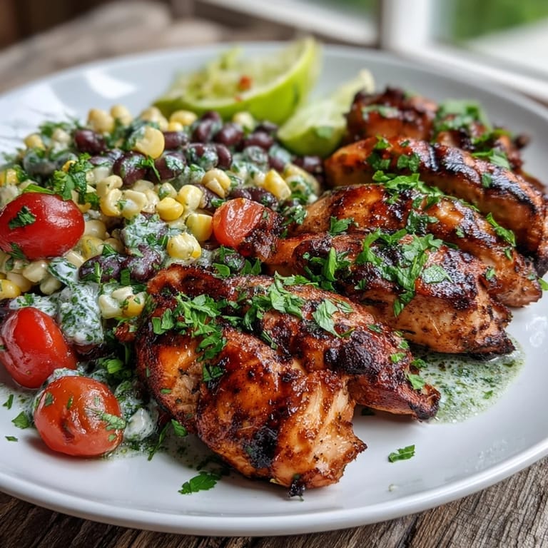 Tender Grilled Lime Cilantro Chicken sliced beside a bowl of fresh corn and black bean salad with avocado and jalapeño.