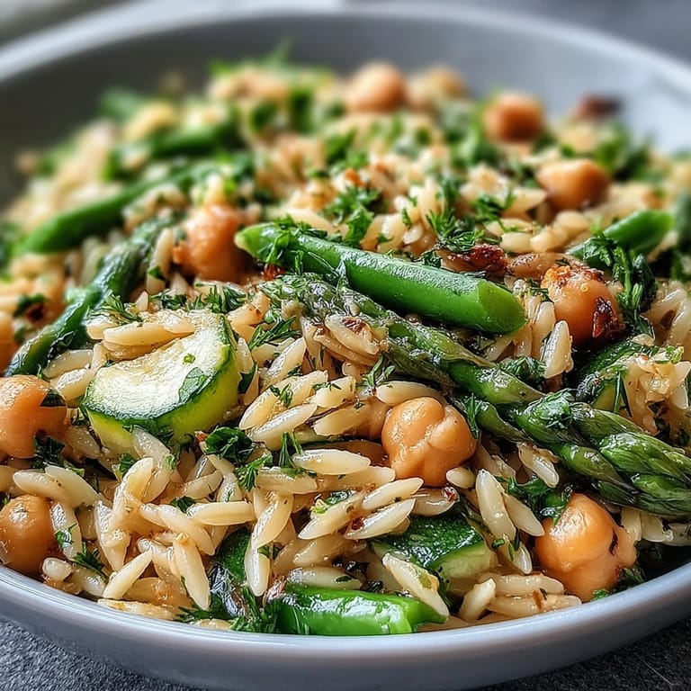 One-Pot Lemon Herb Orzo with Chickpeas and Spring Veggies in a skillet.