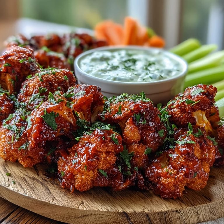 Genieße diese Keto Buffalo Cauliflower Wings with Ranch Yogurt Dip, perfekt für Party-Appetizer, mit knusprigen Rändern und cremigem, würzigem Dip.