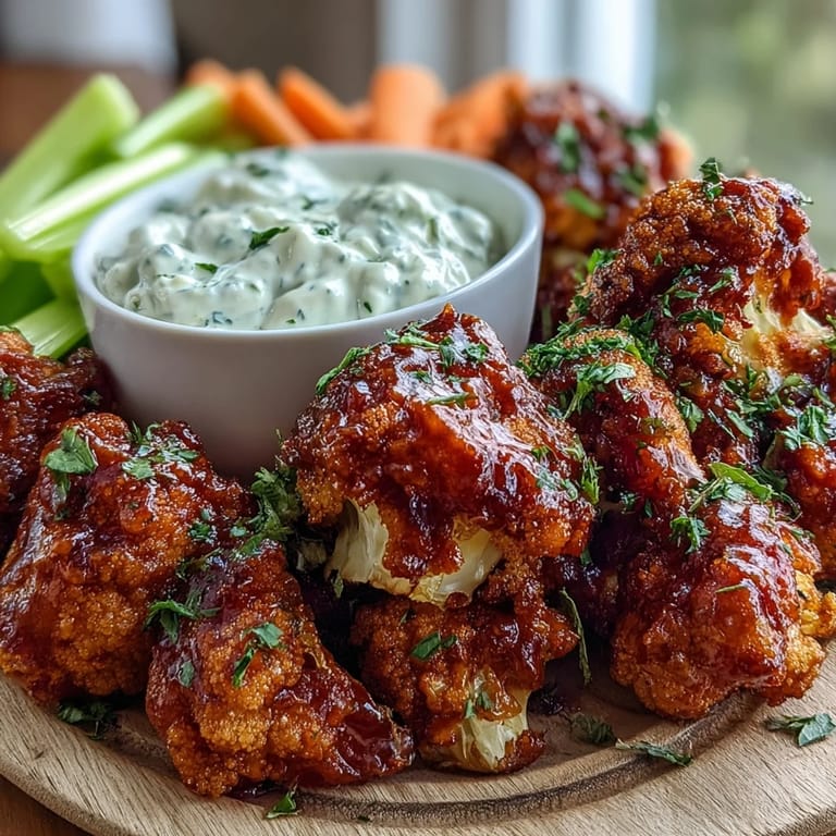 Goldbraune Keto Buffalo Cauliflower Wings with Ranch Yogurt Dip, geröstet mit Blumenkohlrösti, neben einer frischen Kräuter-Joghurt-Dip-Schale für den Abend.