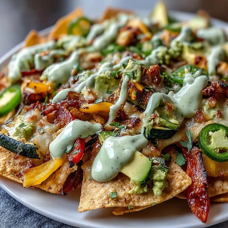 Golden-baked Sheet Pan Salsa Verde Veggie Nachos with Cashew Queso served with avocado and lime wedges.