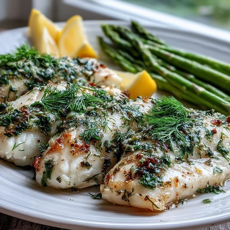 Freshly baked Lemon Herb Tilapia with bright green steamed asparagus ready to eat for dinner.