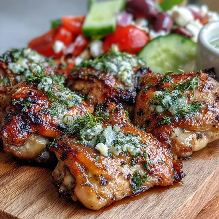 Grilled Lemon Herb Chicken Thighs with Greek Salad: Golden chicken thighs on a platter, paired with crisp cucumber, tomatoes, and feta.