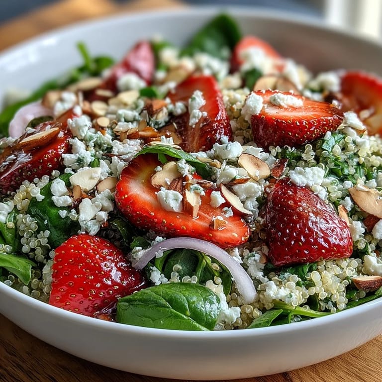 Fork-tender quinoa mixed with fresh strawberries and spinach, finished with balsamic dressing for a wholesome summer salad side.