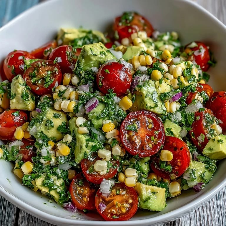 Fresh Corn and Tomato Salad with Avocado and Lime in a white bowl with a spoon, lime wedges beside it, perfect as a summer side dish.