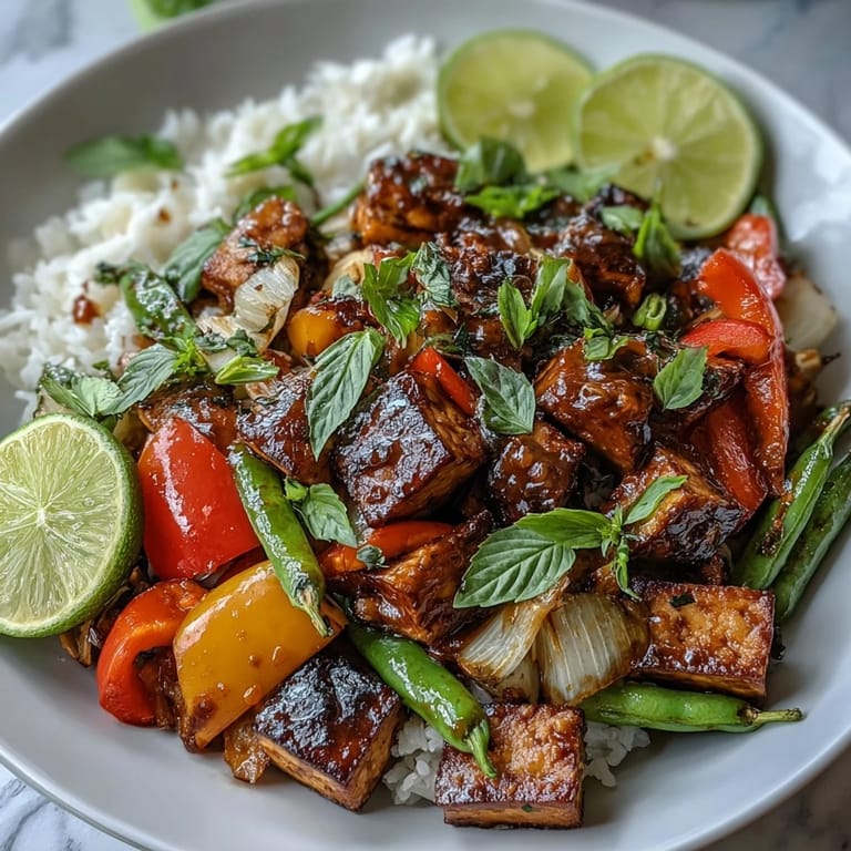 Frisch gebratener Vegane Thai Basilikum Tofu Stir-Fry mit knackigem Gemüse und Limetten