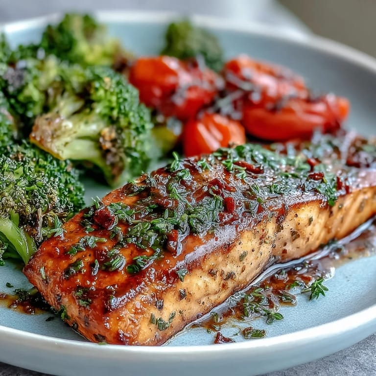 Gutes Licht auf duftende Lachsfilets mit Dijon-Senf, geröstet mit Brokkoli, Tomaten und Paprika auf einem Ofenblech.
