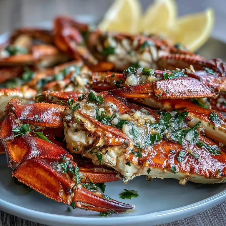 Saftige Keto Garlic Butter Crab Legs aus dem Ofen, garniert und mit Zitronenkeulen.