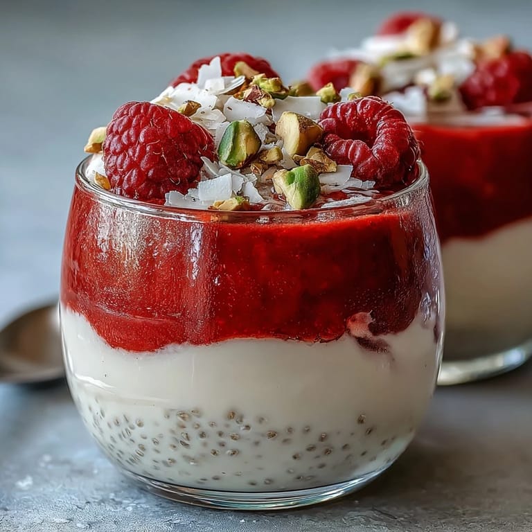 A spoon digs into layers of creamy coconut chia pudding and tangy raspberry purée.