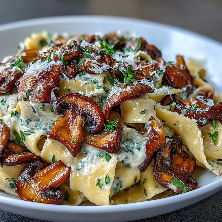 Saftige Pilze und frischer Thymian in einer cremigen Sauce mit Parmesan, serviert mit al dente Pappardelle.