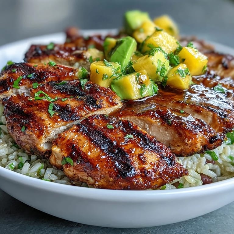 1. Farbenfrohe Mango-Avocado-Salsa-Hähnchen-Bowls mit braunem Reis und schwarzen Bohnen, ein frisches und nahrhaftes Gericht.