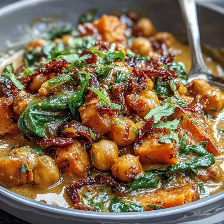 Süßkartoffel-Curry mit Kichererbsen und Spinat in einer cremigen Kokosmilchsoße, ein aromatisches One-Pan-Gericht.