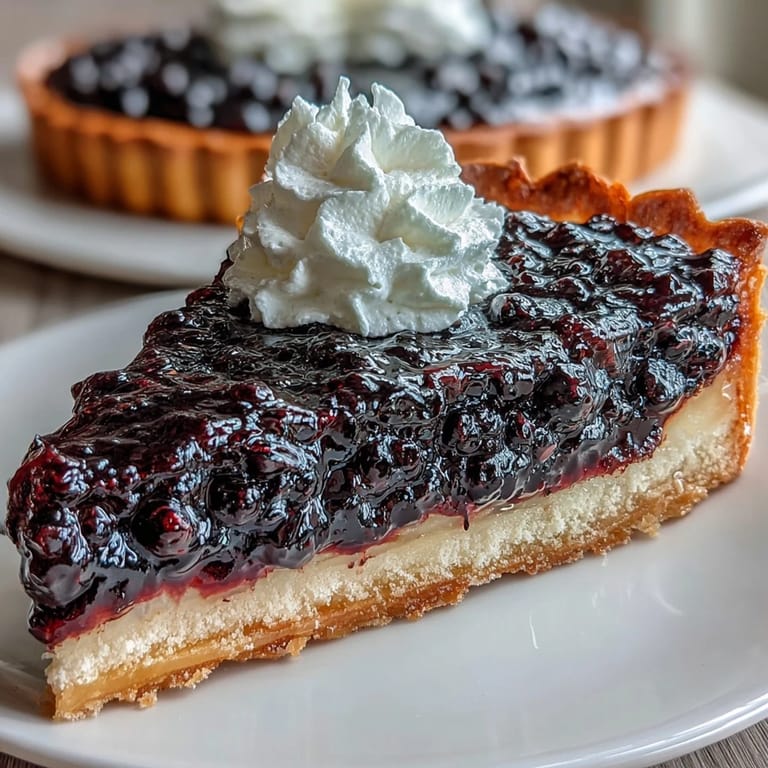 3. Französische Schwarze-Johannisbeer-Tarte mit goldgelbem Boden, fruchtiger Johannisbeer-Curd-Creme und einer dekorativen Sahnehaube.