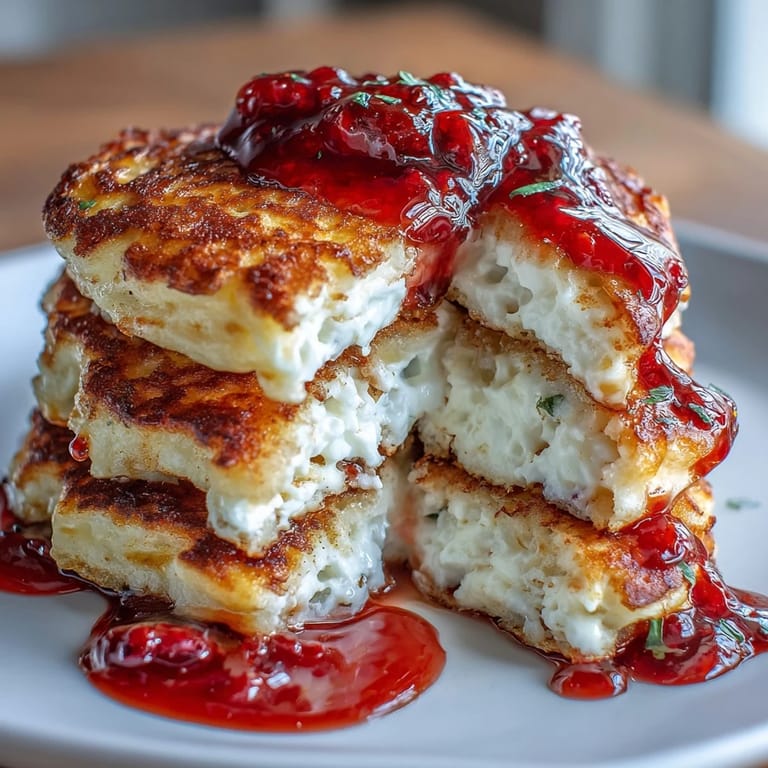 Goldbraune Cottage Cheese Pancakes, übergossen mit hausgemachtem Erdbeersirup und bestreut mit Puderzucker für extra Süße.  
