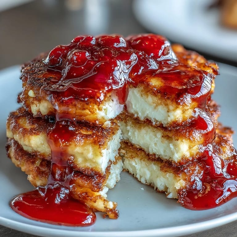 Proteinreiche Cottage Cheese Pancakes, begleitet von leuchtend rotem Erdbeersirup und frischen Minzblättern für ein erfrischendes Frühstück.