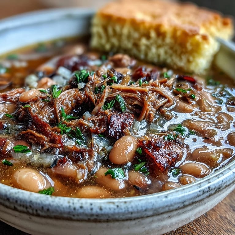 Rauchige Schinken-Knöchel-Bohnensuppe mit frischen Kräutern, serviert mit warmem Maisbrot.