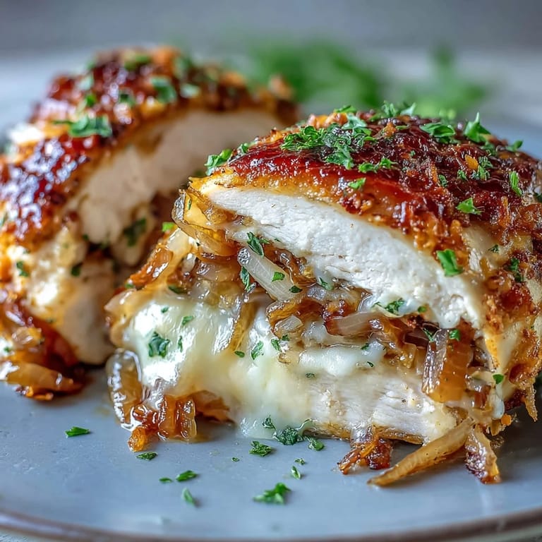 Saftige Hähnchenbrust gefüllt mit goldgelben, karamellisierten Zwiebeln und Gruyère-Käse – ein Genuss wie aus der französischen Küche.