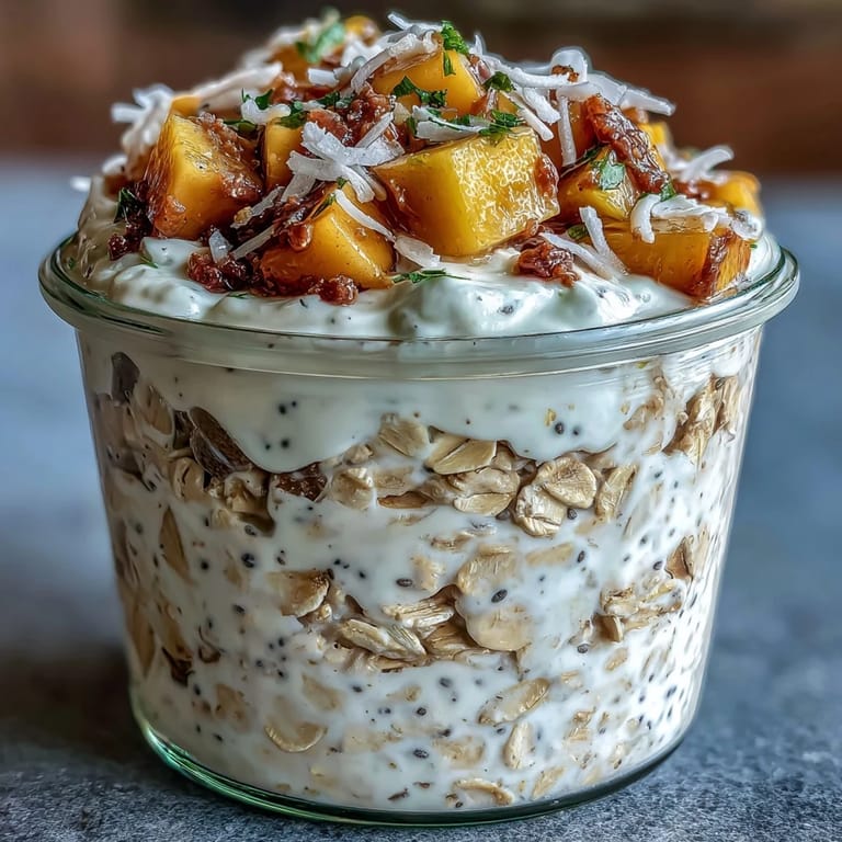Sinnliche Overnight Oats mit tropischem Mango und Kokosgeschmack, perfekt für einen erfrischenden Start in den Tag.