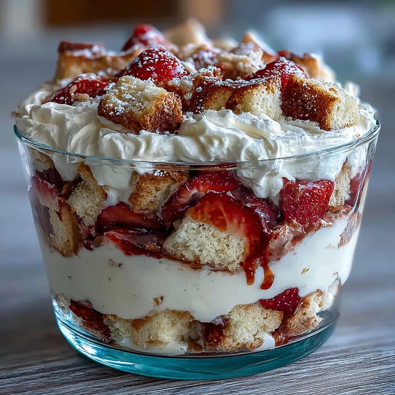 Farbenfroher Galentine's Strawberry Shortcake Trifle mit leuchtend roten Erdbeeren, goldenem Shortcake und cremiger Vanille-Schlagsahne, perfekt für festliche Anlässe.