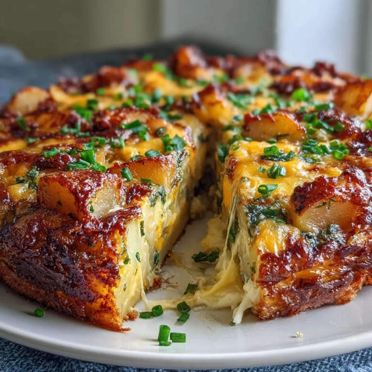 Eine gebackene Frittata mit goldgelben Kartoffelscheiben, knackigen Frühlingszwiebeln und reichlich schmelzendem Cheddar – ein köstliches vegetarisches Gericht für jede Tageszeit.
