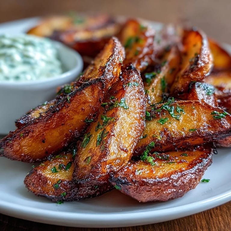 Heiße, luftige Kartoffelspalten aus dem Airfryer, perfekt kombiniert mit erfrischendem Frühlingszwiebel-Dip.