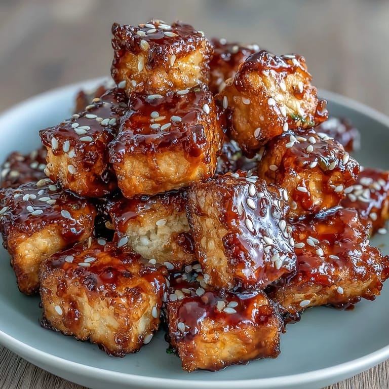 Goldbraune Tofu-Nuggets aus der Heißluftfritteuse, geworfen in einer süßen Chilisauce und garniert mit Sesam.