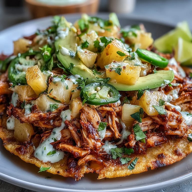 2. **Chicken Pineapple Salsa Tostadas with Lime Crema**: Gebackenes Hühnchen auf knusprigen Tostadas, belegt mit frischer Ananas-Salsa und einem Spritzer Limetten-Crema, serviert mit Avocado-Scheiben.