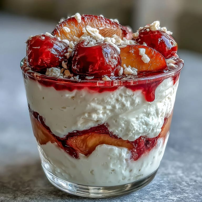 2. Joghurt-Pfirsich-Melba-Cups mit gerösteten Mandeln: ein leichtes Sommerdessert mit geschichtetem Joghurt, frischen Pfirsichscheiben, fruchtiger Himbeersauce und goldbraunen Mandeln.