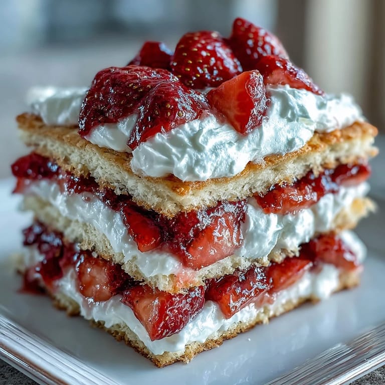 2. Classic Strawberry Shortcake with Biscuit Layers: Buttery biscuit halves stacked with sweet strawberries and airy vanilla whipped cream, perfect for warm-weather gatherings.  