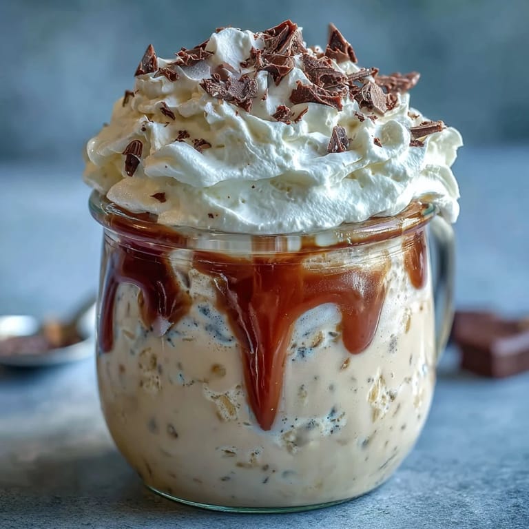 3. Verführerische Vanille-Frappuccino-Übernacht-Haferflocken-Dessertgläser mit Espresso-Noten, dekoriert mit Sahne und dunklen Schokospänen.