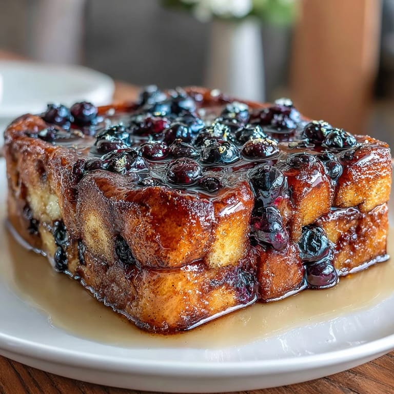 3. Würziger Sauerteigbrot-Auflauf mit süßen Heidelbeeren und zitroniger Note, gebacken bis zur goldenen Perfektion und serviert mit Ahornsirup.