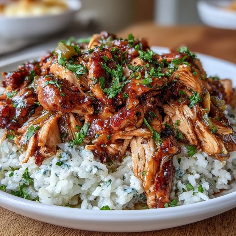 Saftige Mississippi Chicken Rice Bowls mit zerkleinertem Hühnchen, würziger Ranch-Mischung und saftigen Pepperoncini auf duftendem Reis.
