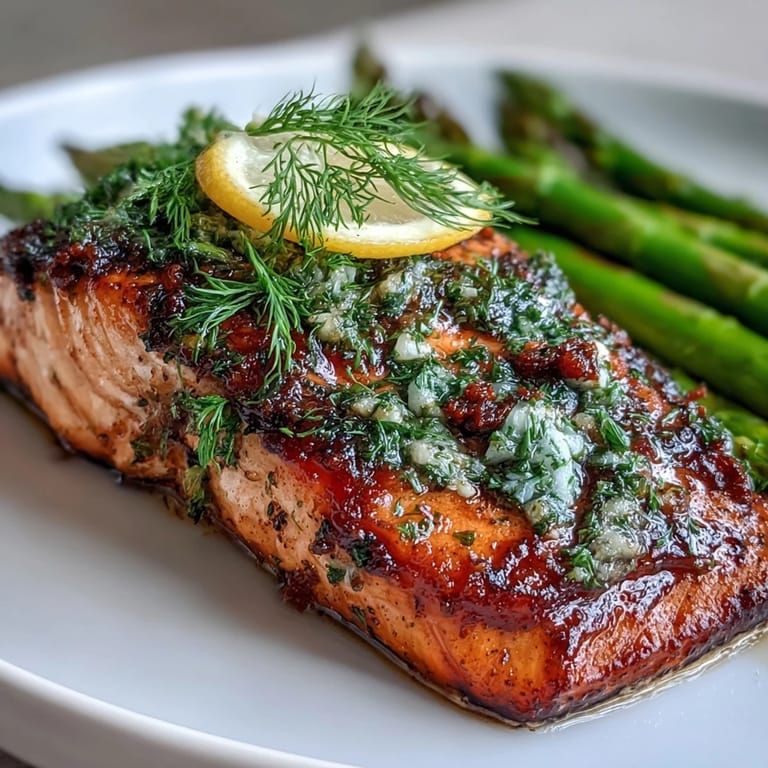 Goldbrauner, mit Kräutern überzogener Lachs serviert auf knackigem Spargel, garniert mit frischen Zitronenscheiben und duftenden Kräutern.