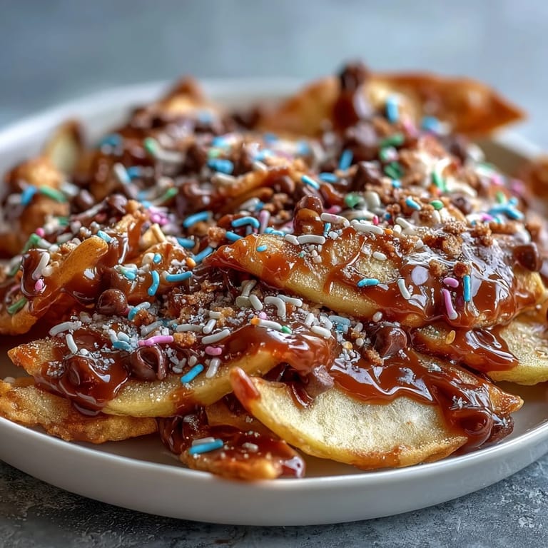 Apfel-Nachos mit Karamell, Schokolade und knusprigen Toppings – ein lustiges Dessert für jede Gelegenheit.