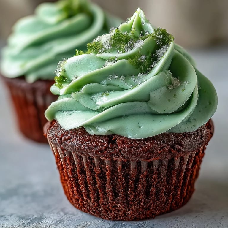 Samtige grüne Cupcakes mit einer großzügigen Schicht Frischkäse-Frosting, ideal für farbenfrohe Feierlichkeiten zum St. Patrick's Day.