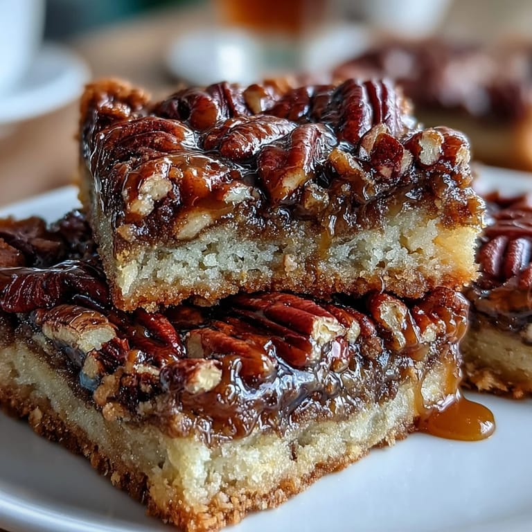 3. Köstliche Kentucky Derby Pecan Pie Bars mit knuspriger Kruste, Bourbon-Note und einer klebrigen Pekannuss-Füllung, serviert auf einer rustikalen Holzplatte.