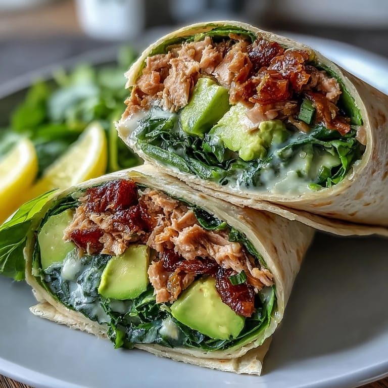 Proteinreiche Avocado-Thunfisch-Wraps mit zartem Spinat, perfekt für ein schnelles Mittagessen oder Picknick.