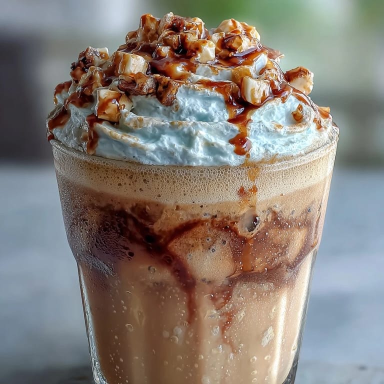 Vanille-Bohnen-Frappuccino mit goldgelbem geröstetem Kokos-Schaum, perfekt für heiße Sommertage.