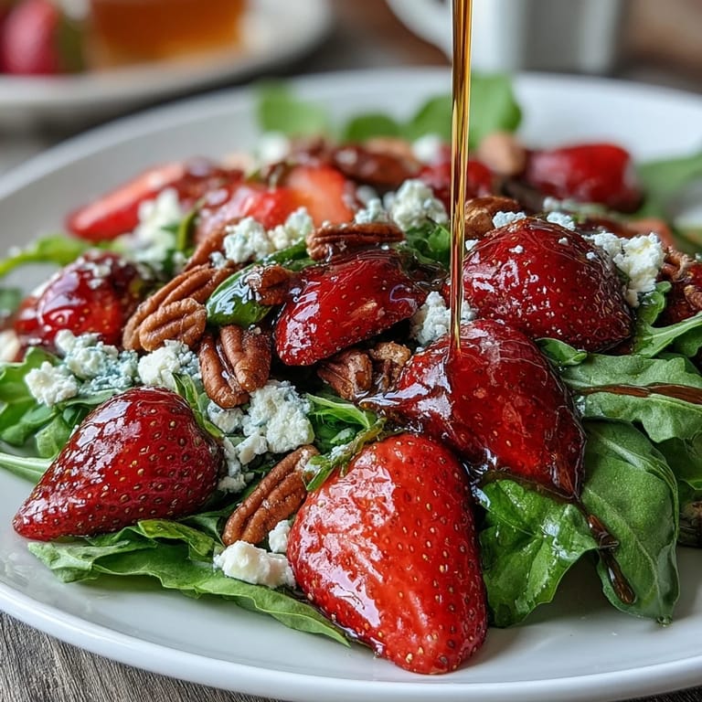 1. Frischer Spring Dinner Party Erdbeer-Arugula-Salat mit Balsamico-Glasur, belegt mit cremigem Ziegenkäse und knackigen Nüssen.
