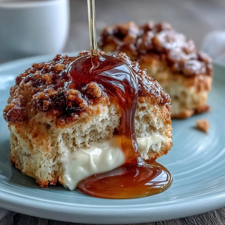 Duftende Scones, gefüllt mit Löwenzahnblüten und Honig, warm aus dem Ofen mit einer großzügigen Portion Clotted Cream.