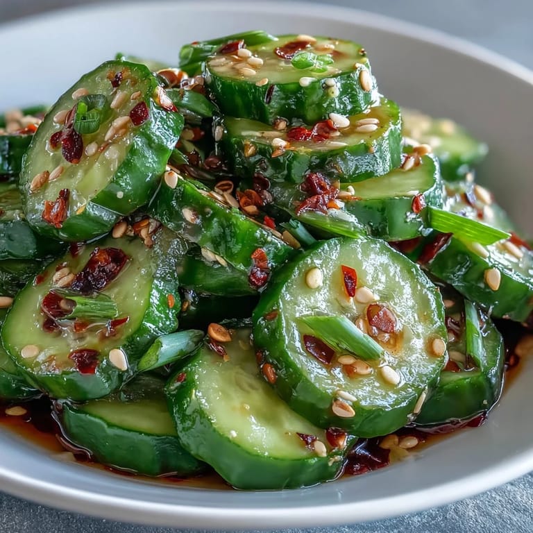 Knackiger Gurkensalat mit aromatischem Knoblauch-Chili-Öl und leichter Säure.  