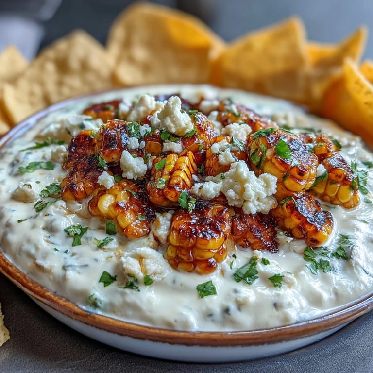 Cremiger, leicht scharfer mexikanischer Elote-Dip mit Tortilla-Chips, garniert mit Cotija und frischem Koriander.