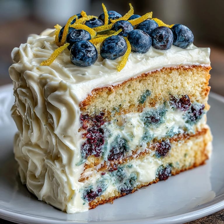 3. Lebendiger Kuchen mit Zitronencreme-Frischkäse-Glasur, gefüllt mit saftigen Heidelbeeren und Zitronenaroma.